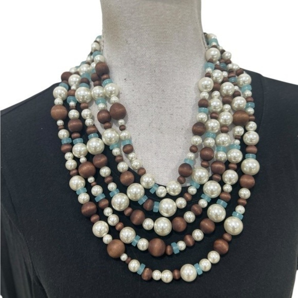 Premier Designs Pearl Wood Bead Layered Statement Necklace Boho Coastal